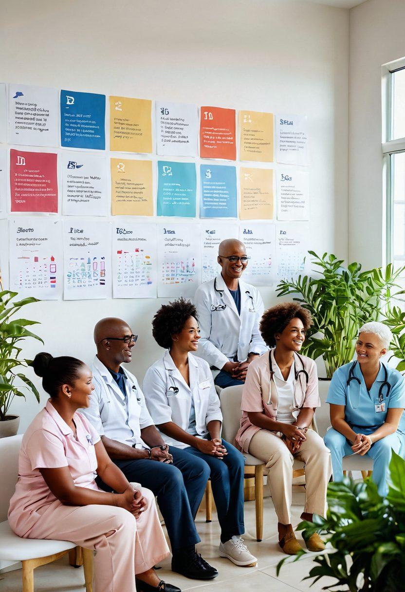 A diverse group of smiling cancer survivors and healthcare professionals gathered in a bright, modern clinic, surrounded by plants and sunlight. In the background, charts and infographics showcase the latest breakthroughs in cancer care. The atmosphere is warm and hopeful, symbolizing empowerment and community support. People are holding hands, sharing stories, and looking towards a wall of inspiring quotes about resilience. vibrant colors. modern design.