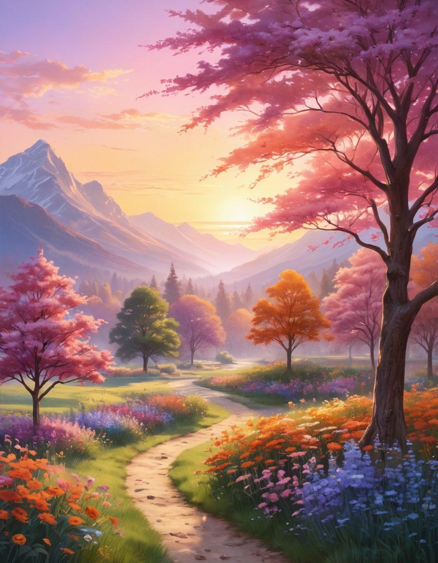 A serene landscape depicting a vibrant sunrise symbolizing hope, with a diverse group of patients and healthcare providers engaging in a supportive conversation. Incorporate elements of nature such as blooming flowers and flourishing trees to represent growth and survivorship. Elements of medical support, like a stethoscope or wellness pamphlets, subtly integrated into the scene. Emphasize warmth and positivity through glowing light and soft pastel colors. super-realistic. vibrant colors. uplifting atmosphere.